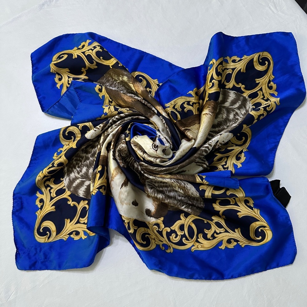 Blue Baroque Cat Print Square Scarf 34x34 Silk Feel Whimsycal Grandmacore Boho